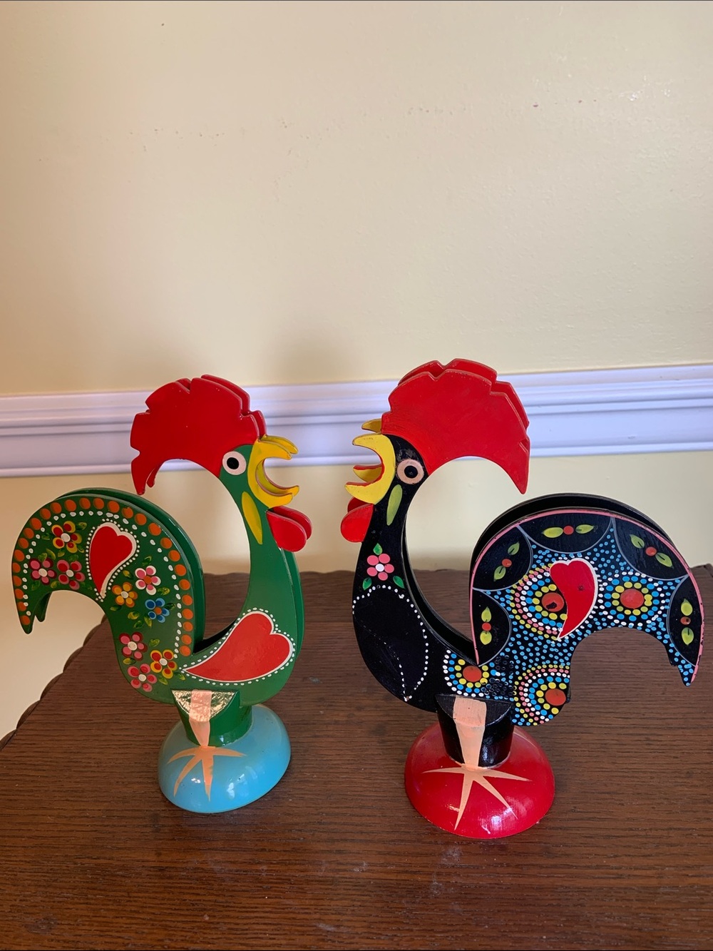 Folk Art Portuguese Colorful Hand-Painted Wooden Rooster Figurine Set